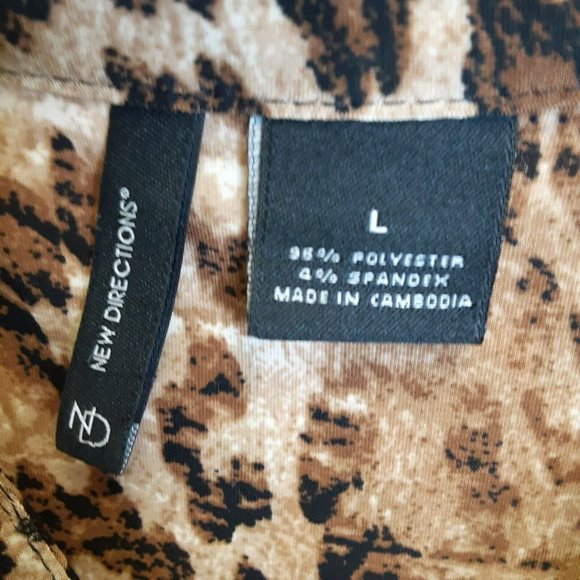 New Directions Top Leopard Tan Black Large Roll Tab Sleeve Stretch Knit Bib Fron - Picture 8 of 8